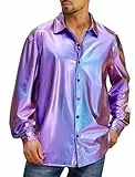 FYMNSI Herren Metallic Langarm Hemd 70er Disco Party Kost�m Button Down Gl�nzend Kleid Shirts Nachtclub Top Locker Freizeithemd 80er Jahre Outfit Karneval Fasching Oberteil Lila L