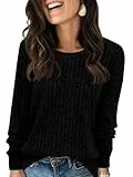 Fisoew Pullover Damen Langarmshirt Leichter Rundhals Casual Strickpullover Oberteil Loose Fit Pulli Sweatshirt,Schwarz,L