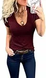 Fessceruna Damen T-Shirt V-Ausschnitt Sexy Kurzarm Shirt Sommer Basic Tee Tops Slim Fit Oberteil(Rot, L)