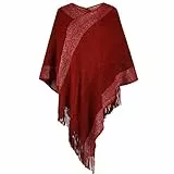 Damen-Poncho-Pullover, V-Ausschnitt, gestreift, Strickschal, Cape, Pullover mit Fransen, burgunderfarben, Small/Large