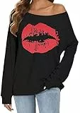 Gosunny Schulterfreies Oberteil Damen Langarm Pullover Lässige Sweatshirt Causal Elegant Bluse (02 Schwarz Rot, S)