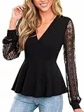 CUPSHE Damen Bluse mit V-Ausschnitt Spitzentop mit Langarm Tailliert Elegantes Peplum Shirt für Freizeit und Büro Schwarz M