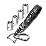 Leder Auto Schlüsselanhänger für Skoda, 4PCS Metall Rostschutz Reifen Ventilkappen Auto Ventil kappen