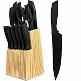 BFYLIN Messer set, 14 Teiliges Küchenmesser set mit Holzblock, Messer block set mit Antihaftbeschichtung,Kochmesser Brotmesser Schälmesser Steakmesser Anspitzer (14pcs-Set)