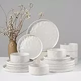 Joyfair Geschirrset 6 Personen, 18-tlg Steingut Geschirr Set, Reaktive Glasur Teller Set mit Speiseteller, Dessertteller und Müslischalen, Mikrowellen- & Spülmaschinenfest, Weiß Gesprenkelt