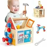XIAPIA Werkzeugkoffer Kinder Werkzeug Holzspielzeug, 32 Stück Werkbank Kinderwerkzeug Set mit Holzwerkzeug und Werkzeugkasten, Motorikspielzeug ab 2 3 4 5 Jahre Jungen Mädchen, Geburtztag Geschenk