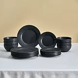 Karaca Solem Embossed, 18-teiliges Tafelservice aus Steingut, Schwarz, Elegantes Geschirrset mit Tellern & Schalen, Ideal für 6 Personen