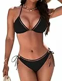 Zojuyozio Bikini Damen Set Sexy Zweiteiliger Badeanzug V Ausschnitt Triangel Bikini Bademode für Frauen, Schwarz, S