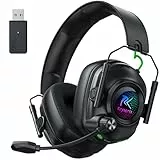 Krysenix KGH2 Gaming Headset Wireless für PS5, PS4, PC, Mac, Switch, 2.4GHz Gaming Headset mit Mikrofon, Noise Cancelling Kabelloses Kopfhörer mit LED-Lichtern, 40H Akkulaufzeit, Tintenschwarz