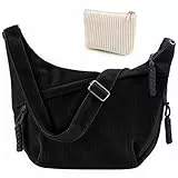 Mngevcy Umhängetasche Damen, Crossbody Bag Damen groß Cord Tasche + Kosmetiktasche, Cord Crossbag Halbmond Kord Schultertasche mit Reißverschluss und Baumwollfutter Verstellbarer Schultergurt, Schwarz
