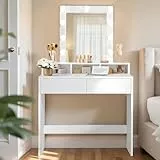 VASAGLE Kailyn Kollektion - Schminktisch mit LED-Beleuchtung, einstellbare Helligkeit, Frisiertisch mit Spiegel, Kosmetiktisch mit 2 Schubladen und 3 offenen Fächern, Weihnachten, weiß RDT114W01