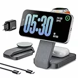 Eazpower Magsafe Ladestation für Apple Watch und iPhone 3 In 1 Faltbar, iPhone Ladestation Magsafe Ladegerät Schnellladefunktion mit Nachtlicht für iPhone 17~12, Apple Watch 11~2, AirPods - Anthrazit