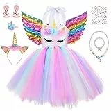 TOLOYE Prinzessinnen Kleid für Kinder, Einhorn Kostüm für Mädchen mit Haarband und Halskette, Einhorn Prinzessin für Geburtstag Halloween Weihnachten Karneval Cosplay Party (120)