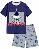 Sommer Schlafanzug Jungen, Kurzärmliger Pyjama Jungen Set Pyjamahose mit Taschen Schlafanzug Kinder (DE/NL/SE/PL, Alter, 10 Jahre, Regular, Blauer Hai)