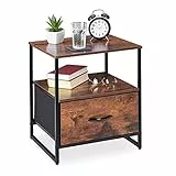 Relaxdays Nachttisch Industrial, 2 Ablagen, Beistelltisch mit Schublade, Metall & MDF, HBT: 50x45x40cm, schwarz/braun