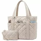 LOVEVOOK Handtasche Damen Shopper Tasche Mittelgroß, Leicht Puffer Tote Bag Arbeitstasche mit Reißverschluss, 15,6 Zoll Laptoptasche Schultasche Handbags Women für Uni Büro Arbeit Reisen, Beige