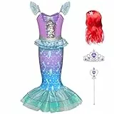 AYBUY Prinzessin Kleid Mädchen, 4-Teiliges Set Prinzessin Kostüm Mädchen mit Perücke, Krone und Zepter, Kostüm Kinder für Karneval Party Halloween Weihnachten Cosplay (130)