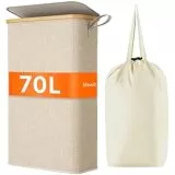 Lifewit 70L Wäschekorb Schmal mit Deckel, Faltbarer Wäschesammler Schmal mit Wäschesack, Laundry Basket Wäscheboxen aus Bambus mit Tragegriff für Apartment, Wohnheim und Wohnwagen, Beige