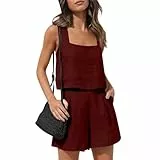 Pride Outfit Damen Quadratischer Ausschnitt Casual Trainingsanzug Leinen Shirt Kurz Leinen Anzug Tshirt Und Shorts Loose Sommeranzug Leicht Sportanzug Lockere Damen Sommer Outfit(1-Wine,L)