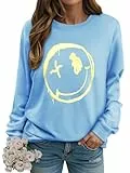 WIEIYM Damen-Sweatshirt, Smiley-Gesicht, Rundhalsausschnitt, langärmelig, Grafikdruck, Basic-Top, lässiger Pullover, S-XXL, blau, S