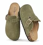 Meik Mangni Wildleder Clogs für Damen Herren Komfort Kartoffel Schuhe mit Arch Support Frauen aus Leder rutschfest Pantoletten mit Weiches Kork Fußbett,Grün,Gr.39 EU