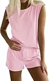 Tankaneo Damen Zweiteiler Sommer Outfits Einfarbig Hosenanzug Tank Top und Shorts Set Elastische Taille Sport Trainingsanzug Elegant Loungewear Set Rosa M