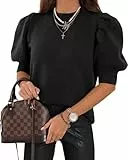 Saodimallsu Damen Puff Kurzarm Pullover Rundhals T-Shirt Sommer Leicht Strickpullover Puffärmel Elegante Stretch Bluse Einfarbige Oberteile Basic Sweatshirt Tops Schwarz XL
