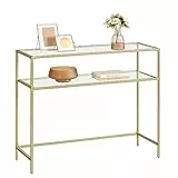 VASAGLE Konsolentisch, Beistelltisch, Oberfläche aus Hartglas, moderner Sofatisch, einfacher Aufbau, verstellbare Füße, Wohnzimmer, Flur, goldfarben-transparent LGT025A01
