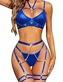 RSLOVE Damen Dessous Set mit Strapse - Sexy Unterwäsche BHS und Slips Reizwäsche 6-Teilig Blau S