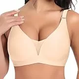 BH damen ohne bügel, Soft Seamless BH Comfort Push Up Bügelloser Bra, weihnachten sale, V-Ausschnitt, 3D, Nahtloser entlastungs Tshirt Schlaf BHS, Klassische Sport Bustier Mit Weicher Stütze, Beige XL