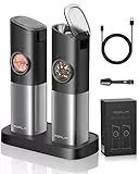 FORLIM Elektrische Salz und Pfeffermühle Set, mit Wiederaufladbarer Basis,Automatischer Salzmühle mit LED-Licht, Einstellbare Grobheit,aus Edelstahl,für Küche und BBQ,2er Pack(Schwarz)