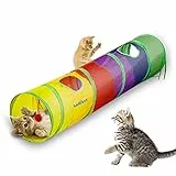 Andiker Katzentunnel, Katzentunnel, Haustierschlauch, zusammenklappbar, Spielzeug, für drinnen und draußen geeignet, für Puzzle, Training und Laufen mit Spaßball und 2 Löchern (25120 cm), bunt