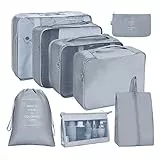 OSDUE Koffer Organizer Set 8-teilig, Packing Cubes, Wasserdichte Reise Kleidertaschen, Packtaschen für koffer, Verpackungswürfel mit Kosmetiktasche, Schuhbeutel, USB Kabel Tasche (Grau)