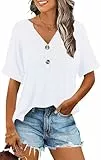 PLOKNRD T-Shirt Damen Sommer Knopfleiste Leichter Oberteile V-Ausschnitt Kurzarm Bluse Locker Tops(Weiß,XL)