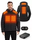 HEWINZE Beheizbare Jacke Herren mit kapuze,Warme Pufferjacke Damen mit akku 7.4V,Doppelschaltersteuerung Winterjacke für Outdoor Wandern Jagd Motorrad Camping.