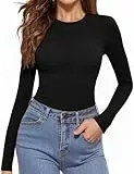 Aottori Shirt Damen Langarm Rundhals Unterziehshirt Baumwolle Weich Basic Langarmshirt Slim Fit Thermo Oberteil Elegant für Alltag Büro Freizeit Schwarz M