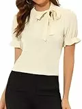 Allegra K Damen 50er Jahre Bluse mit Schleife Schluppenbluse Festliche Blusen Kurzarm Panel Fliege Hals Rüschen Elegant Top Beige XS