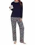 Uniexcosm Schlafanzug Damen Lang Pyjama Baumwolle Nachtwäsche Winter Schlafanzüge Rundhals Langarm Oberteil und Pyjamahose Loungewear C:PAT6 M