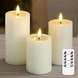 Yeelida Flammenlose LED-Kerzen mit Wachsöl-Effekt, flackernde Fernbedienung 3er Pack Elfenbein Säule Batteriebetriebener Timer Elektrische Kerzen aus echtem Wachs (7.5x10,12.5,15cm)
