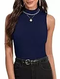Irevial Damen Top Rollkragen Ärmerlos Rollkragenpullover Basic Slim Fit Shirt Weich Stretch Weste Einfarbig Rollkragenshirt Navy blau M
