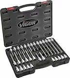 ViGOR Torx Schraubendreher-Einsatz Satz V1917 I 32-teiliges Werkzeug-Set, Antrieb: Vierkant 12,5 mm (1/2 Zoll), Abtrieb: T Profil mit Schlüsselweite: T20 – T70 für Handbetätigung