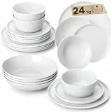 MALACASA Geschirrset 24-teilig, Porzellan Schüssel und Teller Set, Tafelservice 6 Personen, Weiße Speiseteller & Schalen, Rundes Essgeschirr Set, Spülmaschinen- & Mikrowellengeeignet, Serie LEXI