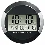 Hama Digitale Wanduhr mit Temperaturanzeige, „PP-245“ (DCF Funkuhr mit Datum, Thermometer, Mondphasen, zum Aufstellen/Aufhängen, 17cm Durchmesser, rund) Digitaluhr, Baduhr Silber/schwarz