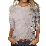 Tunika Damen Glitzer Oberteile T-Shirt 3/4 Arm Lässig Bluse Tops Elegant Pailletten Tee Tops Basic Rundhals Langarmshirt Leicht Baumwolle Longshirt Vintage Neuartige Drucke Sportshirt