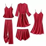 SAPJON Seiden-Pyjama für Damen, 5-teilig, Nachtwäsche, Loungewear, Satin, Robe, Cami-Shorts, Pyjama-Set, weinrot, S