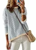 Cuptacc Damen Pullover Gestreiftes Rundhals Langarm Sweatshirt Damen Locker Baumwolle Tuniken für Grau2 2XL 50-52