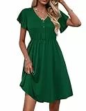 Zeagoo Sommerkleid Damen Freizeit Rüschen Kleider Kurzarm Elegant Minikleid Einfarbig A-Linie Strandkleid Swing Knielang Kleid Grün L