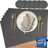 Mahewa® 6er Set Premium Tischset aus Kunstleder - Platzset abwaschbar und wasserdicht - Platzdeckchen Telleruntersetzer in Lederoptik (Dunkelgrau, Eckig)