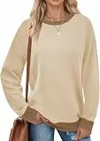 Fisoew Damen Sweatshirt Farbblock Rundhals Langarm,Beige,S