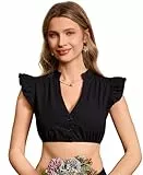 Funspread Dirndl Bluse Damen Weiß - Dirndlbluse Kurzarm DirndlBlusen V Ausschnitt Trachtenbluse Reines Schwarz 34